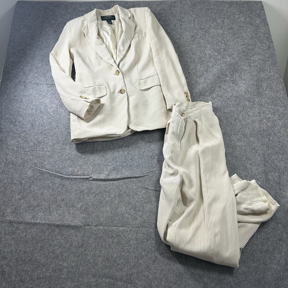 Ralph Lauren Suit Womens 2 Petite 100% Silk Ivory Striped Career Buisness